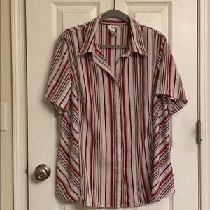 East 5th Red White Striped Short Sleeve Blouse Open Collar Polyester-Blend 2X